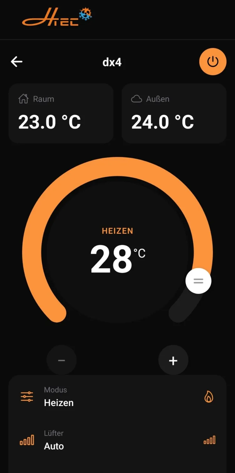 App H-TEC: climatizzatore in modalità riscaldamento a 28 °C, interno 23 °C, esterno 24 °C