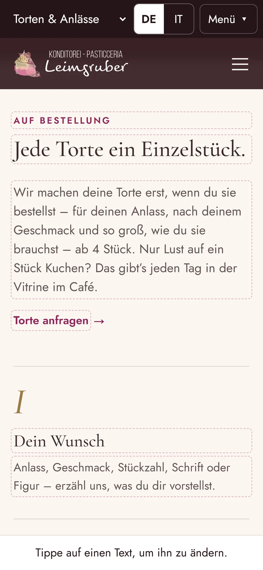 Editor dal vivo sul telefono: i testi della pagina «Torte & occasioni» hanno una cornice tratteggiata e si toccano per modificarli