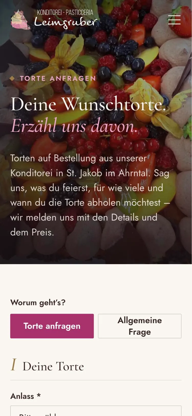 Pagina di richiesta sul telefono: «Deine Wunschtorte. Erzähl uns davon.», sotto il modulo